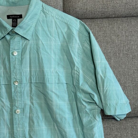 Van Heusen Mens Short Sleeve Light Mint Green Plaid Button Up Dress Shirt Lg - Picture 4 of 10